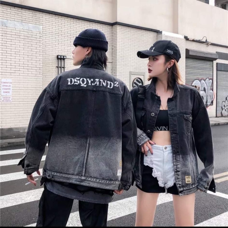 Áo khoác jeans đen xám phối 2 màu thêu chữ sumisu shop