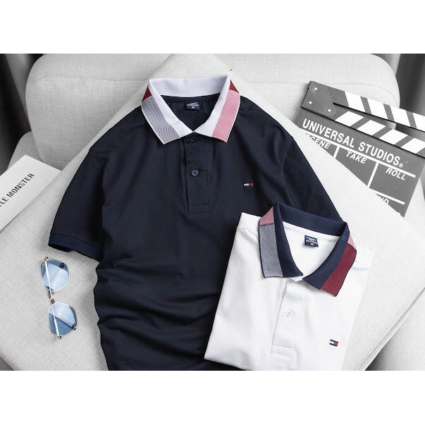 Áo thun polo nam thêu  TOM có cổ trụ bẻ dệt sọc, ngực thêu gấu trẻ trung, vải cá sấu cotton cao cấp