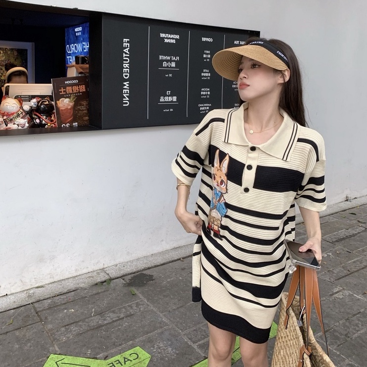 【ZHELIHANGFEI】Đầm Thun POLO Ngắn Tay Họa Tiết Sọc Ngang Thời Trang Dành Cho Nữ