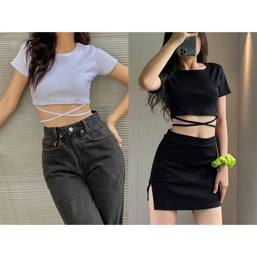 Áo croptop sexy JOY BABE 🧚‍♀️ cột dây quấn chéo eo khoe đường cong, thun co giãn tốt, trắng đen trơn basic, CRON 190 -5D
