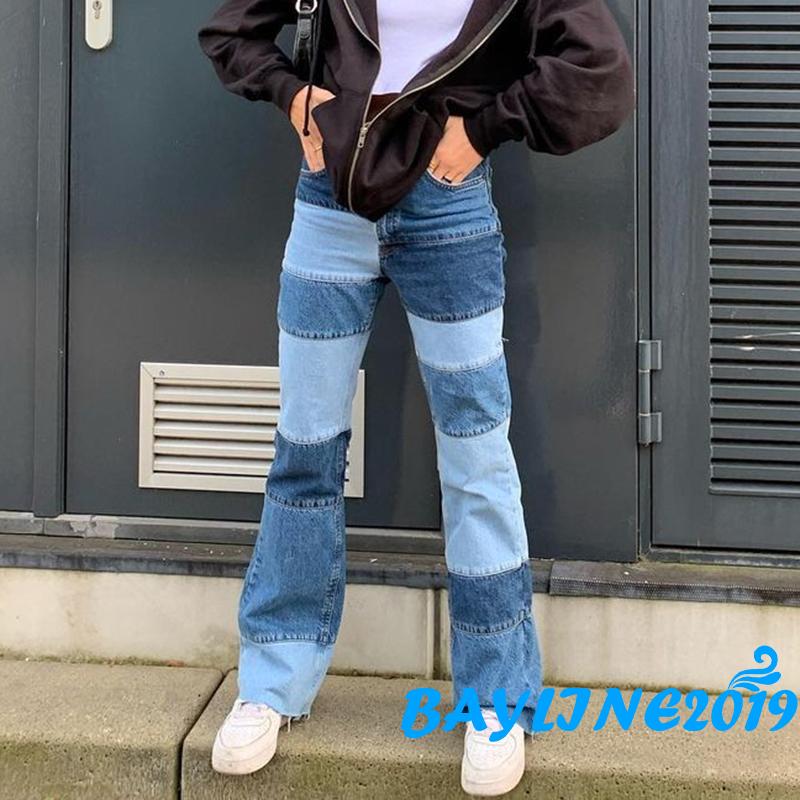 Quần Jeans Dài Ống Loe Phối Màu Thời Trang Cho Nữ