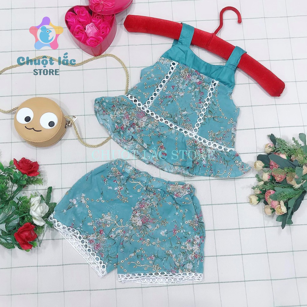 Bộ quần áo bé gái 2 dây chất voan lụa thêu ren cực xinh cho bé từ 8kg đến 20kg( màu xanh, kem)