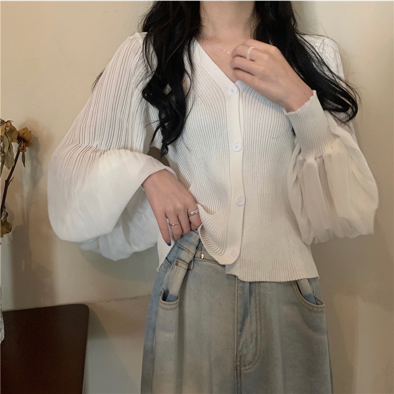 Áo chiffon dệt kim tay dài dáng ôm dễ phối đồ thời trang