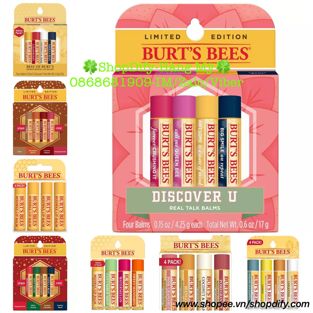 💋 Burts Bee Set Hộp 4 Thỏi 4 Mùi Son Dưỡng Sáp Ong Thiên Nhiên BURT'S BEES Natural Lip Balm Không Màu 💋