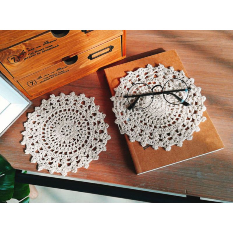 RC/Tấm lót ly tách bình hoa ren móc thủ công vintage phòng cách châu âu 100% cotton trang trí decor phòng bếp retro Âu