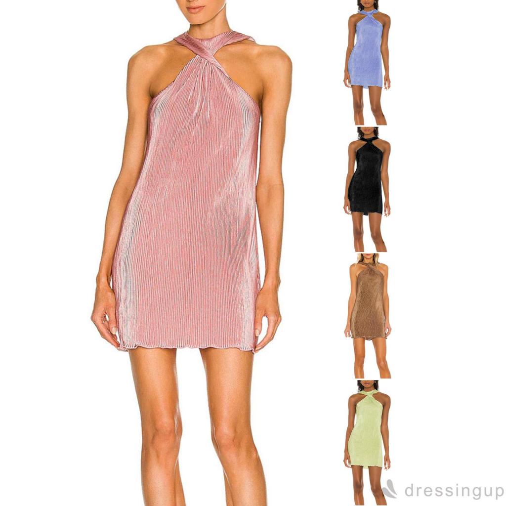 Đầm Ngắn Hở Vai Không Tay Cổ Xoắn Màu Sắc Trơn Cho Nữ