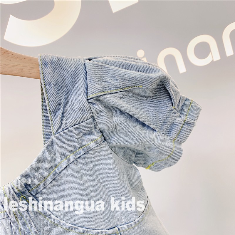 Mới Đầm Denim Tay Phồng Ngắn Cổ Chữ U Màu Xanh Dương Thời Trang Mùa Hè Cho Bé Gái