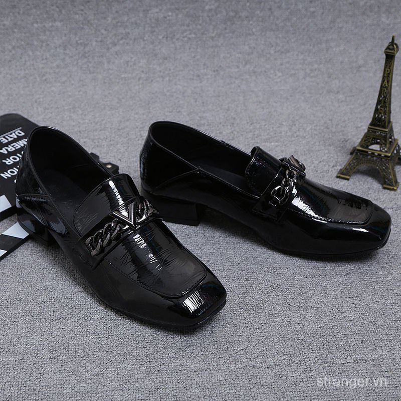 Giày Lười Da Bóng Gót Vừa Mũi Vuông Phong Cách Anh Quốc Thời Trang Mùa Hè 2021 Cho Nữ