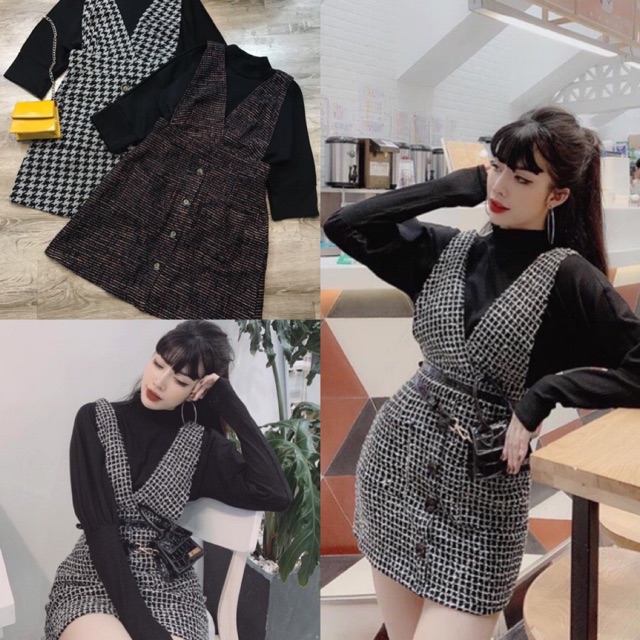 [HÀNG CAO CẤP] Set váy yếm bố + Áo thun đen