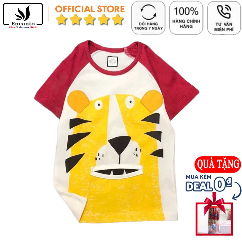 Áo phông cộc trẻ em hình hổ LITTLE MAVEN màu trắng phối tay đỏ chất thun cotton 100% siêu co giãn cho bé trai (307017)