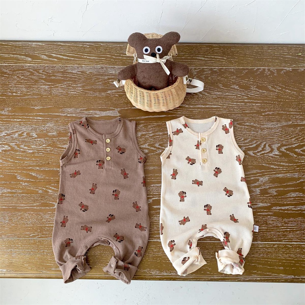 Áo Liền Quần Sát Nách Chất Liệu Cotton Hình Gấu Waffle Mùa Hè Cho Bé Sơ Sinh