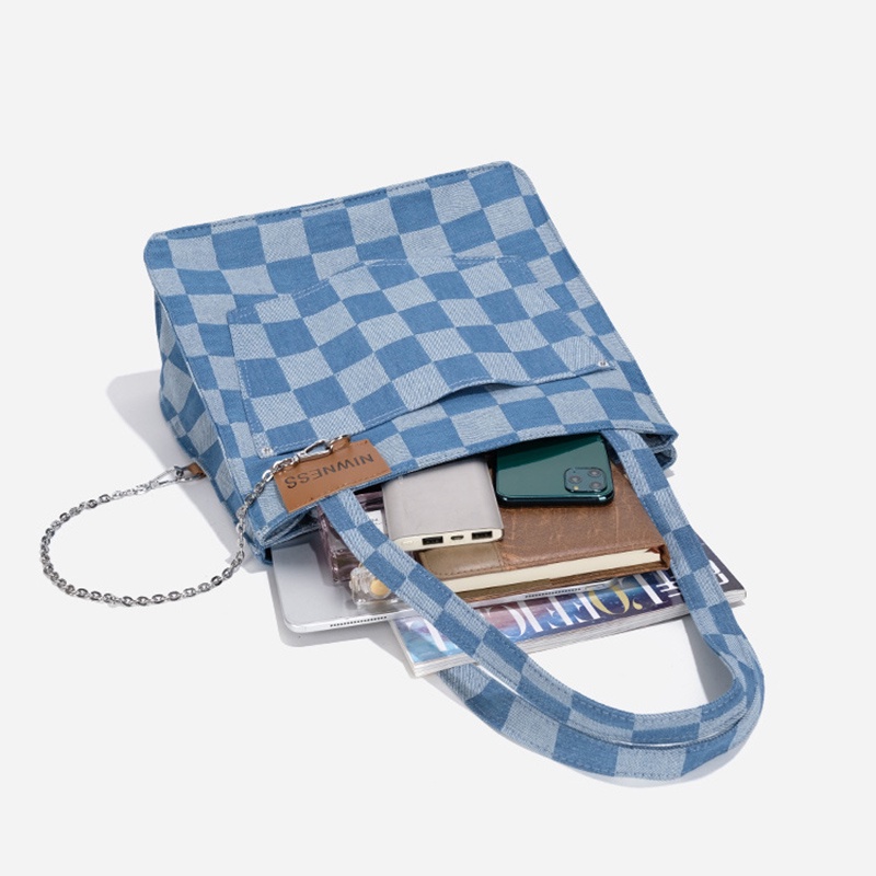 Túi xách đeo vai IELGY sức chứa lớn vải canvas họa tiết ca rô màu xanh dương