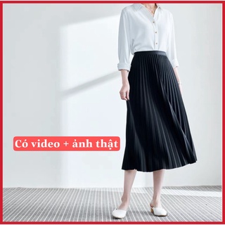 Chân váy xếp ly dáng dài Kanimi - chân váy midi xếp li màu đen SIÊU RẺ