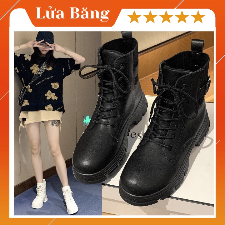 Giày Bốt Nữ Cổ Chun Boot Cao Cổ Da Mềm Phối Khuy Cài Hottrend