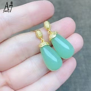 Bông Tai Mạ Bạc 925 Đính Đá Ngọc Bích Màu Xám Sang Trọng A7 S925