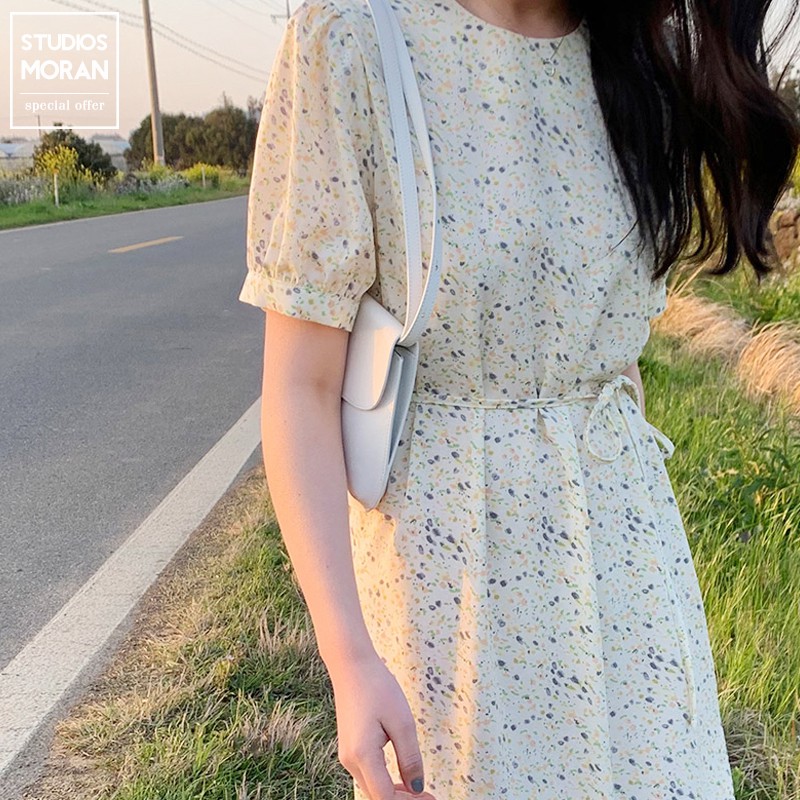 Váy MORAN hoa chấm bi tay phồng cổ tròn thắt nơ eo vintage nhẹ nhàng Hàn Quốc