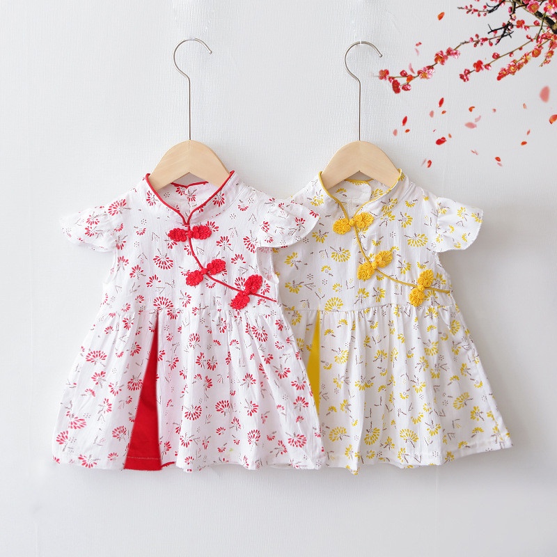 Đầm Công Chúa Vải Cotton Mỏng In Hoa Kiểu Trung Hoa Dễ Thương Thời Trang Mùa Hè Cho Bé Gái