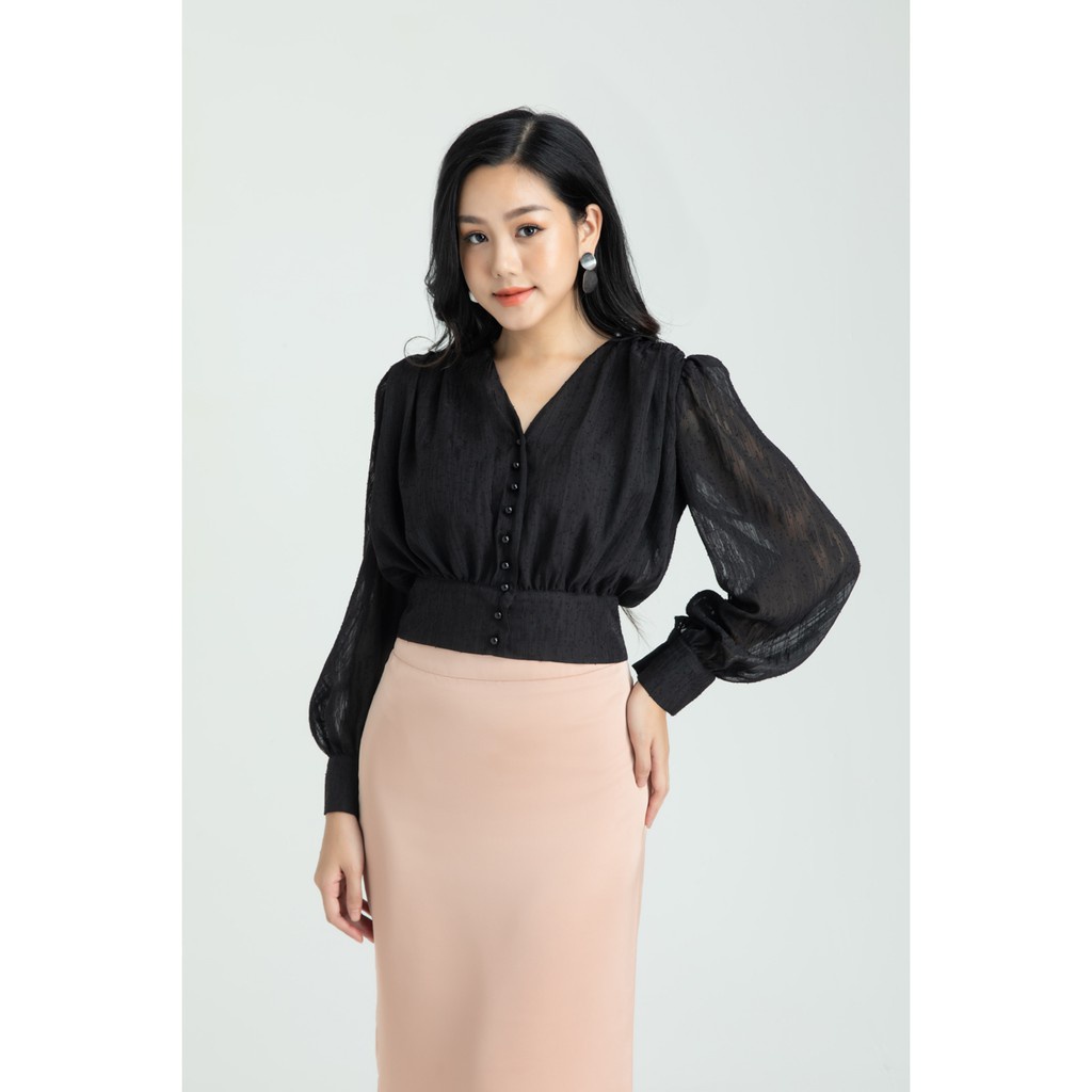Áo sơ mi croptop cổ tim nữ IVY moda MS 17C5848