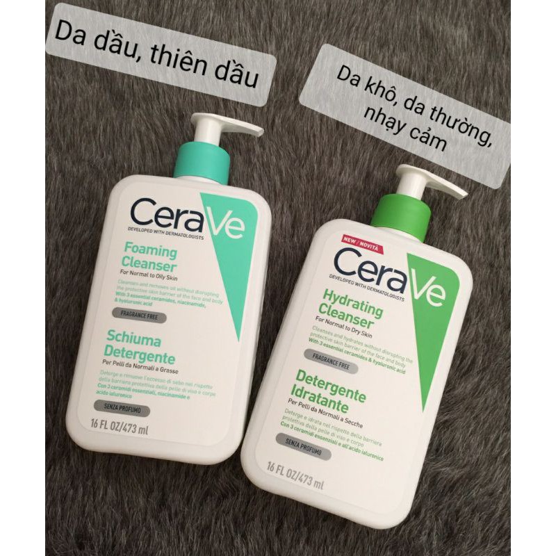 Sữa rửa mặt Cerave Foaming Facial Cleanser bản Mỹ (Pháp) Cerave da dầu & Da Khô các size 236ml - 355ml - 473ml