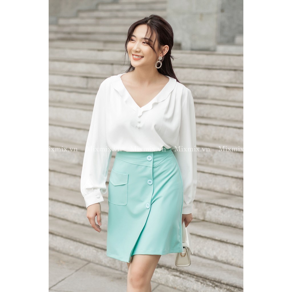 Áo lụa cổ tim viền bèo - MIXMIX - Hàng thiết kế- Hình chụp thật 100%