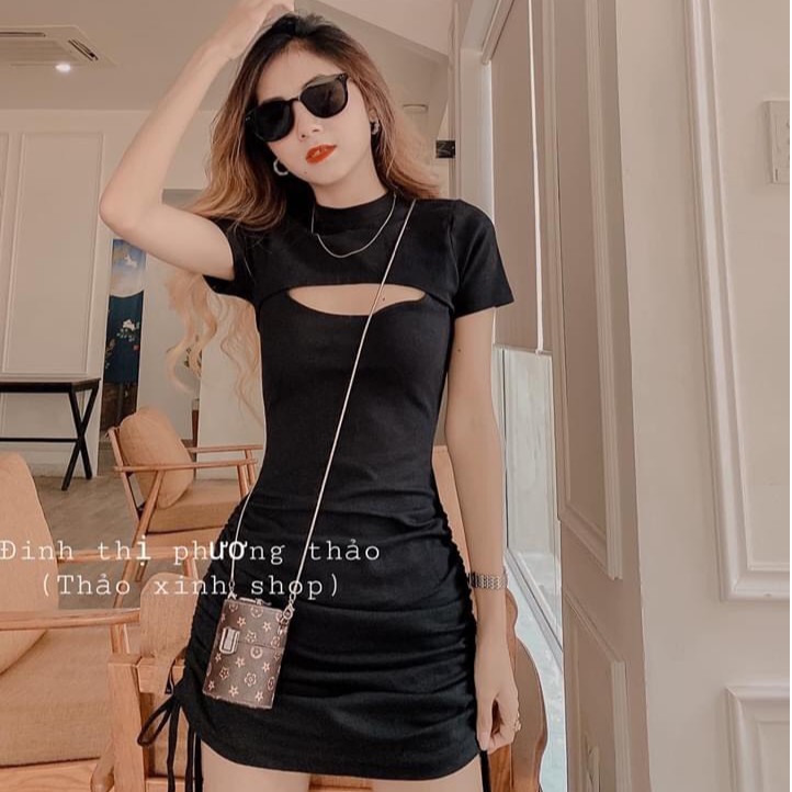 váy ôm body khoét ngực dây rút bên hông chất contton cá tính