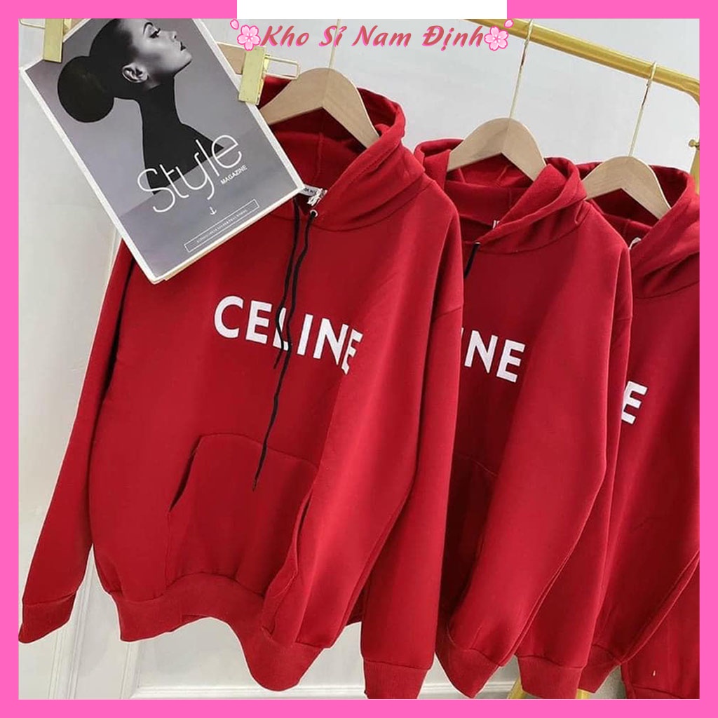Áo hoodie nữ có mũ phong cách Hàn Quốc tay dài màu đỏ Celin chất nỉ bông mềm min siêu ấm