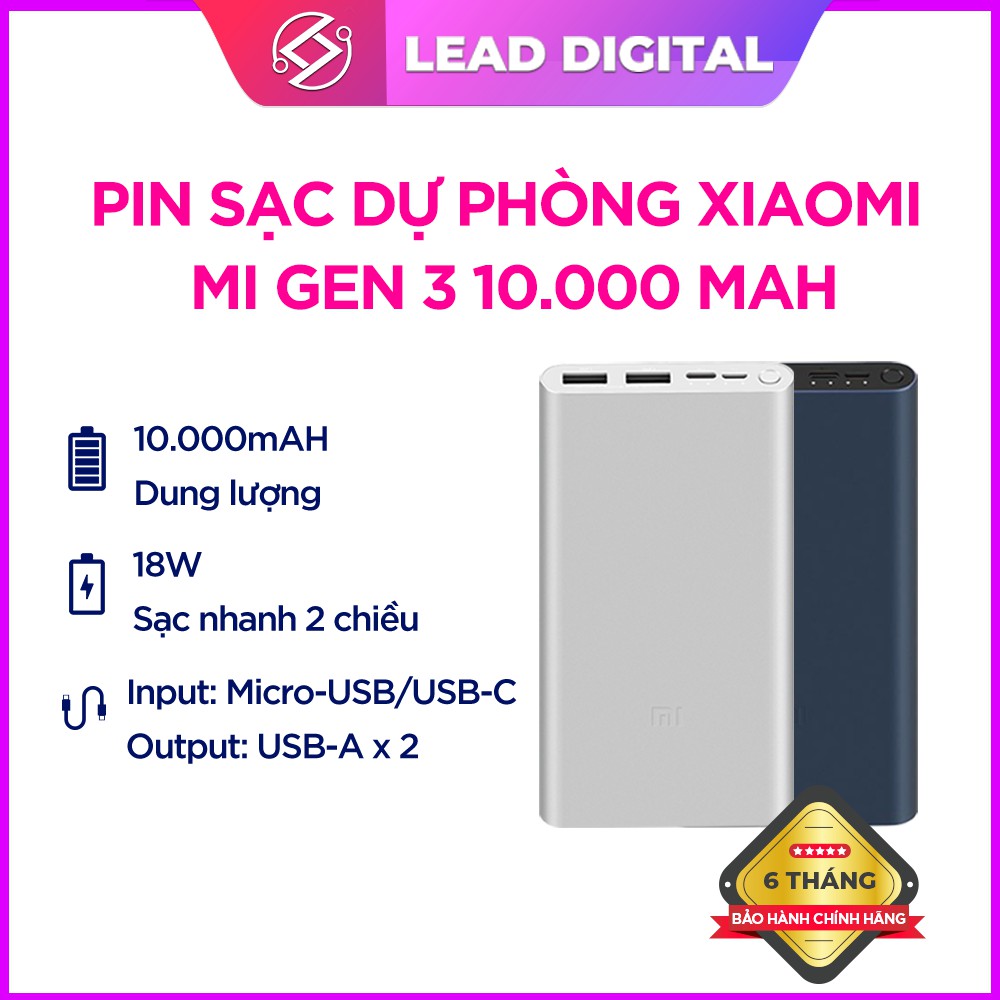 Pin sạc dự phòng Xiaomi Mi Gen 3 10000 mAh 18W - Hỗ trợ sạc nhanh (Đen, Bạc) - Bảo hành 6 tháng