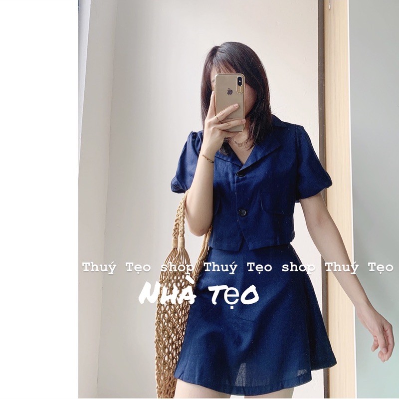 SET ĐUI THÔ ÁO CROPTOP TAY BỒNG CHÂN VÁY CHỮ A cạp chun sau khoá sau - Set đồ ullzang tay bồng cổ vest