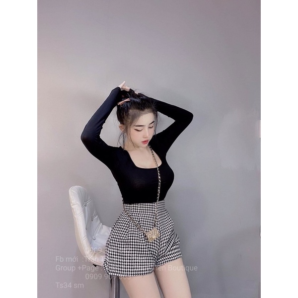 Set áo cổ vuông tay dài croptop lụa mix quần sooc thun lưng cao ric rắc ôm body