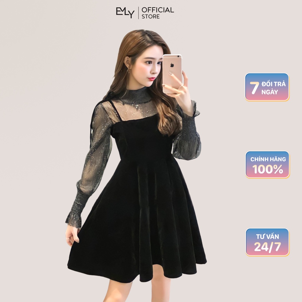 Đầm dáng xòe nữ hai dây phối áo lưới thu đông Emilyshop