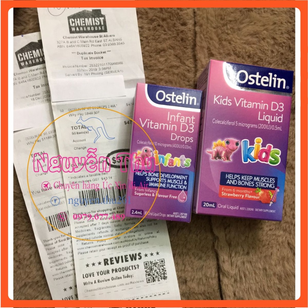 Vitamin D3 Ostelin cho trẻ từ 0-12 tuổi - Ostelin Kids infant Vitamin D3 Drops 2,4ml 400iu /Liquid 200IU 20ml - đủ bill