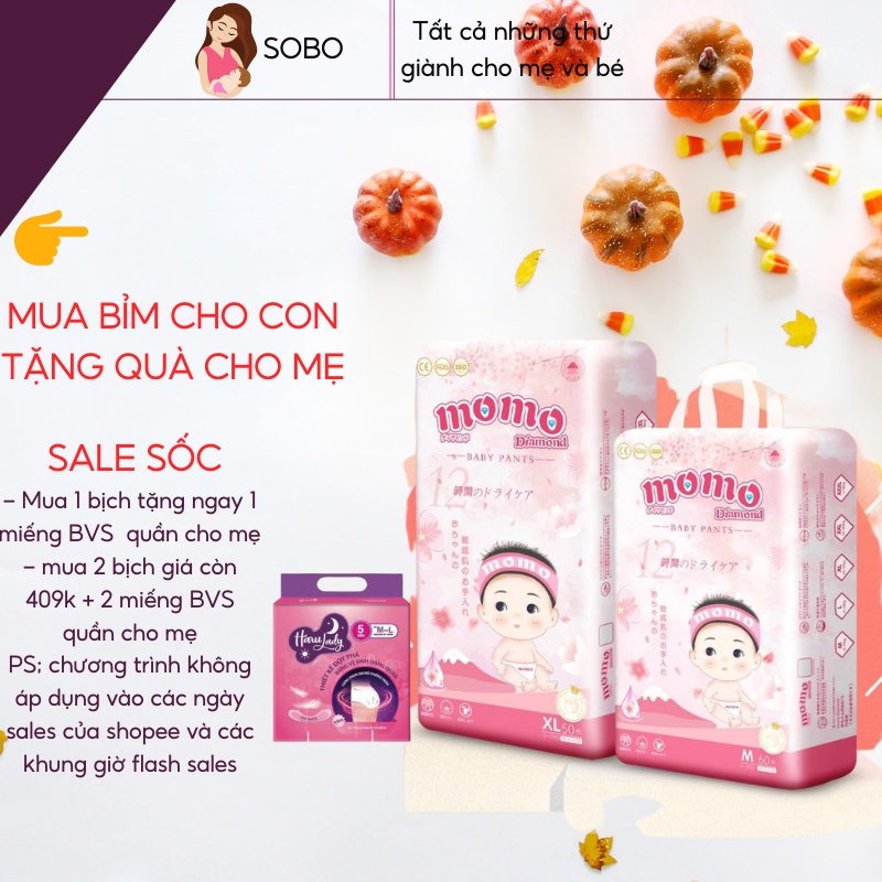 Bỉm tã dán/quần MOMO DIAMOND ORGANIC S64/ M60/L54/XL50/XXL48/XXXL46 tinh chất hoa anh đào.