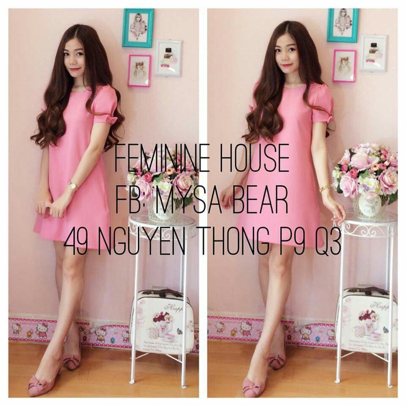 Đầm xòe hồng tay nơ D100