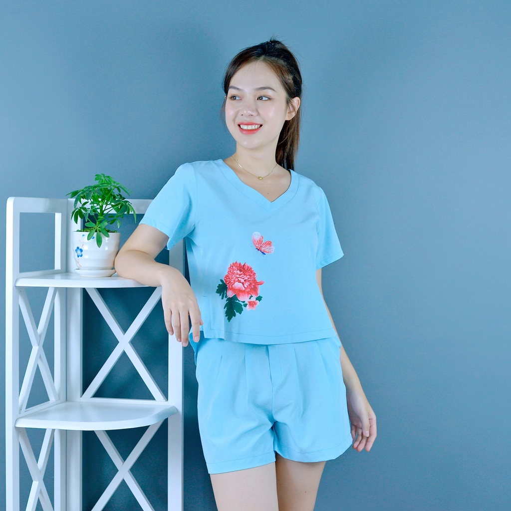Bộ đồ nữ MÀU XANH NGỌC IN HOA CỰC XINH  - vải lụa cao cấp - Lịch sự - Quý phái