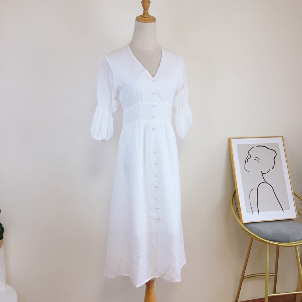 Váy Đầm Trắng Cổ V Bo Tay Cực Xinh Mẫu Mới