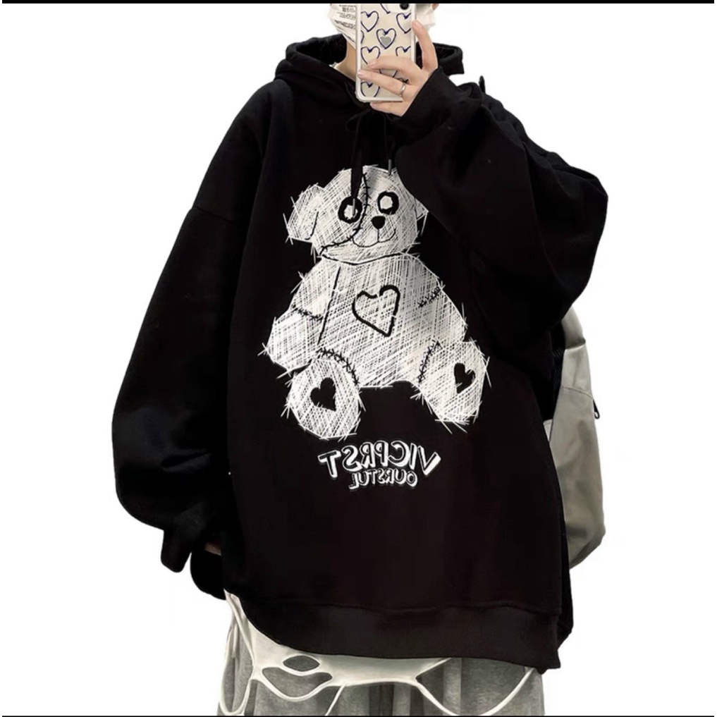 Áo Hoodie Nam Nữ in Hoạt Hình Gấu Đen Form Rộng Nón Lớn Mặc Thoải Mái [New Unisex]