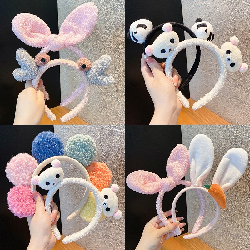 Băng Đô Rửa Mặt Phối Lông Kiểu Hoạt Hình Tai Thỏ Dễ Thương Cho Bé Gái