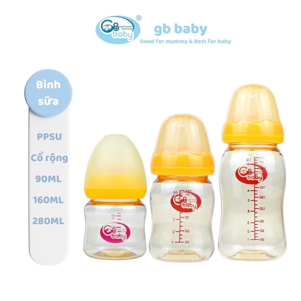 [Gb-Baby Chính Hãng] Bình sữa PPSU GB-Baby Cổ rộng dung tích 90ml 160ml 280ml Cổ rộng Tặng 1 núm ty và que chọc núm