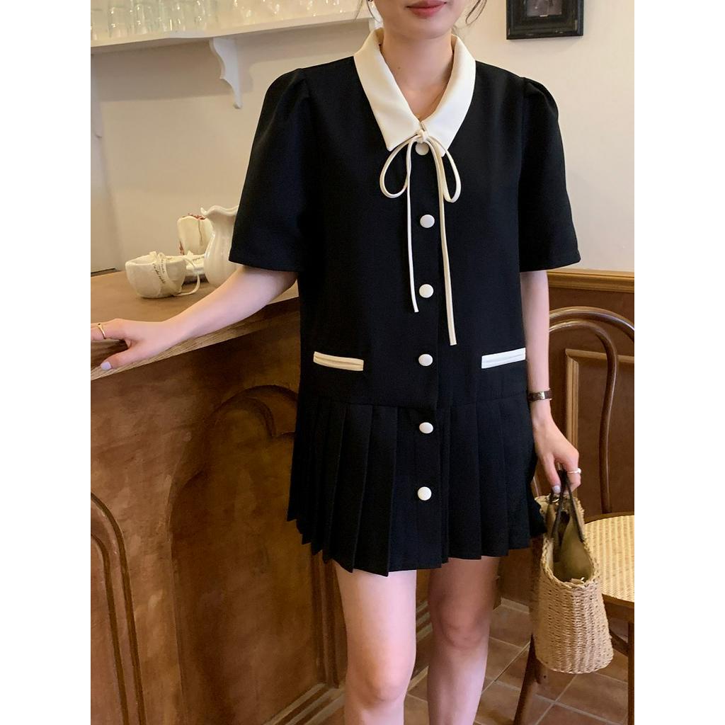 Đầm Ngắn Xếp Ly Dáng Rộng Màu Sắc Tương Phản Phong Cách Hàn Quốc 62585