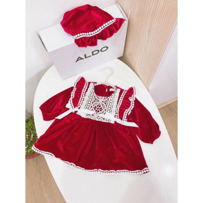 Váy nhung đỏ họa tiết ren hạt kèm mũ siêu đẹp cho bé gái 0-24m