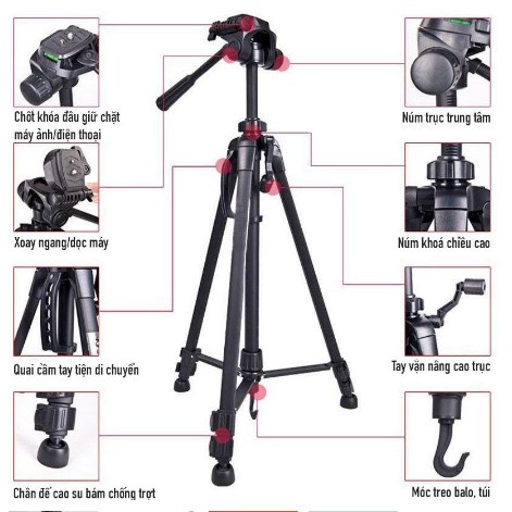 Tripod, giá đỡ điện thoại máy ảnh Weifeng WT-3520 khung nhôm cao cấp tải trọng 3kg có túi đeo tặng kèm kẹp điện thoại