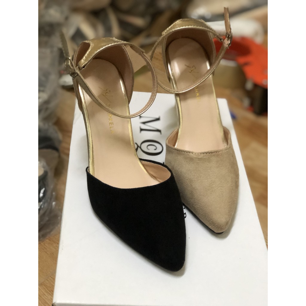GIÀY SANDAL CAO GÓT MŨI NHUNG NỈ 2 MÀU GÓT NHỌN ÁNH VÀNG SANG CHẢNH_TH39