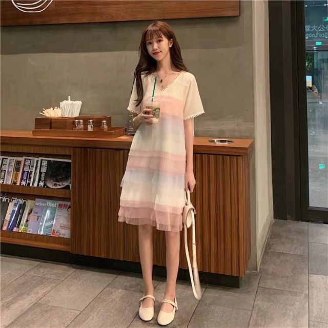 [HÀNG ORDER 7 ĐẾN 10 NGÀY] Đầm suông cổ V xếp tầng cầu vồng siêu xinh hàng Quảng Châu giá tốt