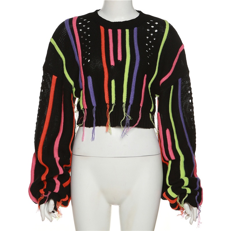 DUNEA Áo Sweater Dệt Kim Cổ Tròn Tay Dài Phối Tua Rua Nhiều Màu Sắc Xinh Xắn Cho Nữ