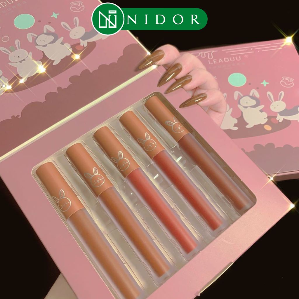Set 5 Son Kem Lì LEADUU Tone Đỏ Những Chú Thỏ - Nội Địa Trung