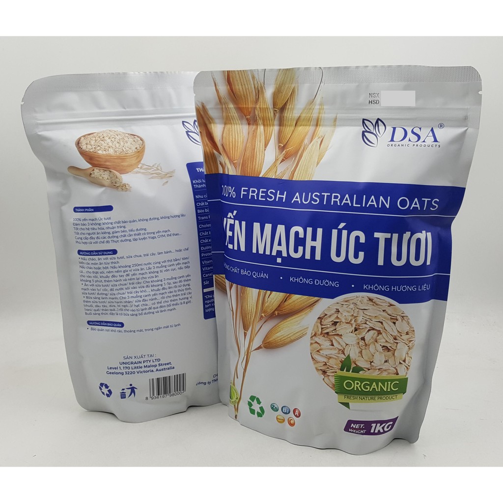 [Mã 159FMCGSALE giảm 8% đơn 500K] Yến mạch Úc tươi gói 1kg DSA, yến mạch cán vỡ ăn liền dinh dưỡng giảm cân