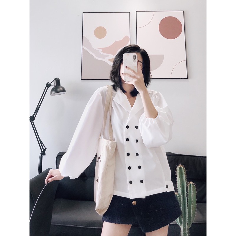  áo cổ vest 2 hàng nút đen tay bồng | BigBuy360 - bigbuy360.vn