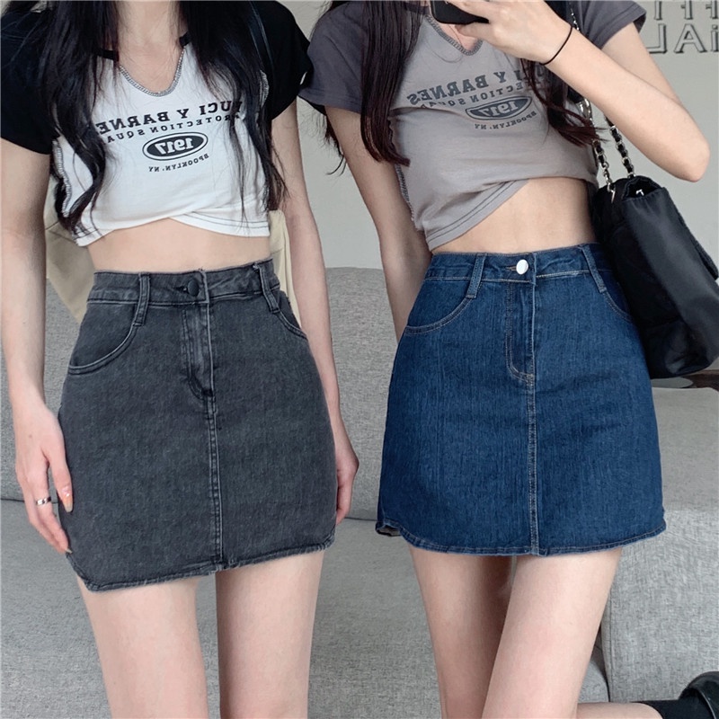 Chân váy IELGY vải jean lưng cao dáng chữ A phong cách Hàn Quốc dành cho nữ