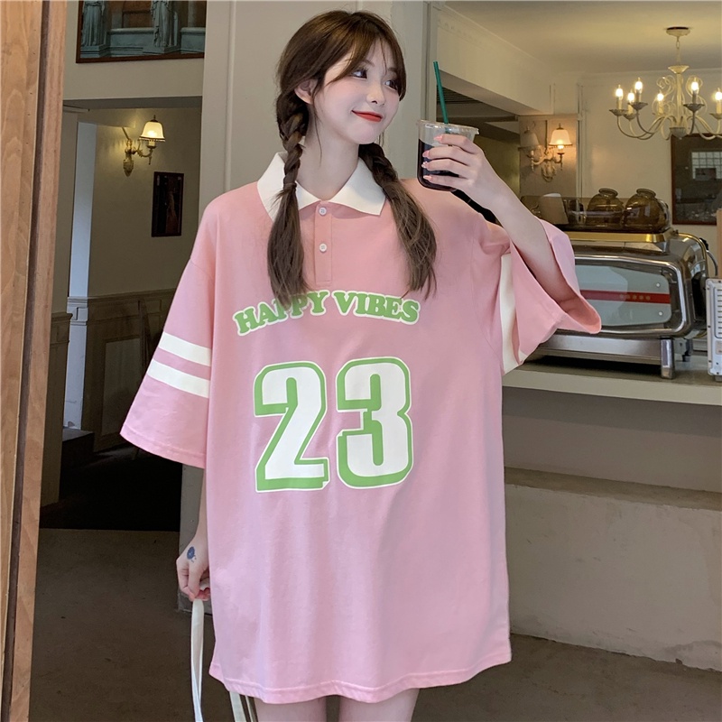 Áo polo Tay Ngắn Dáng Rộng Họa Tiết Kẻ Sọc In Chữ Phong Cách Hàn Quốc Thời Trang Cho Nữ