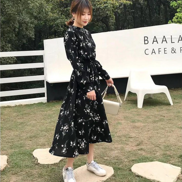 Korean style classic long-sleeve floral chiffon dress